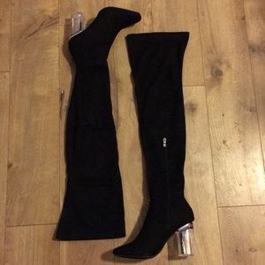 Black thigh high clear high heel boots